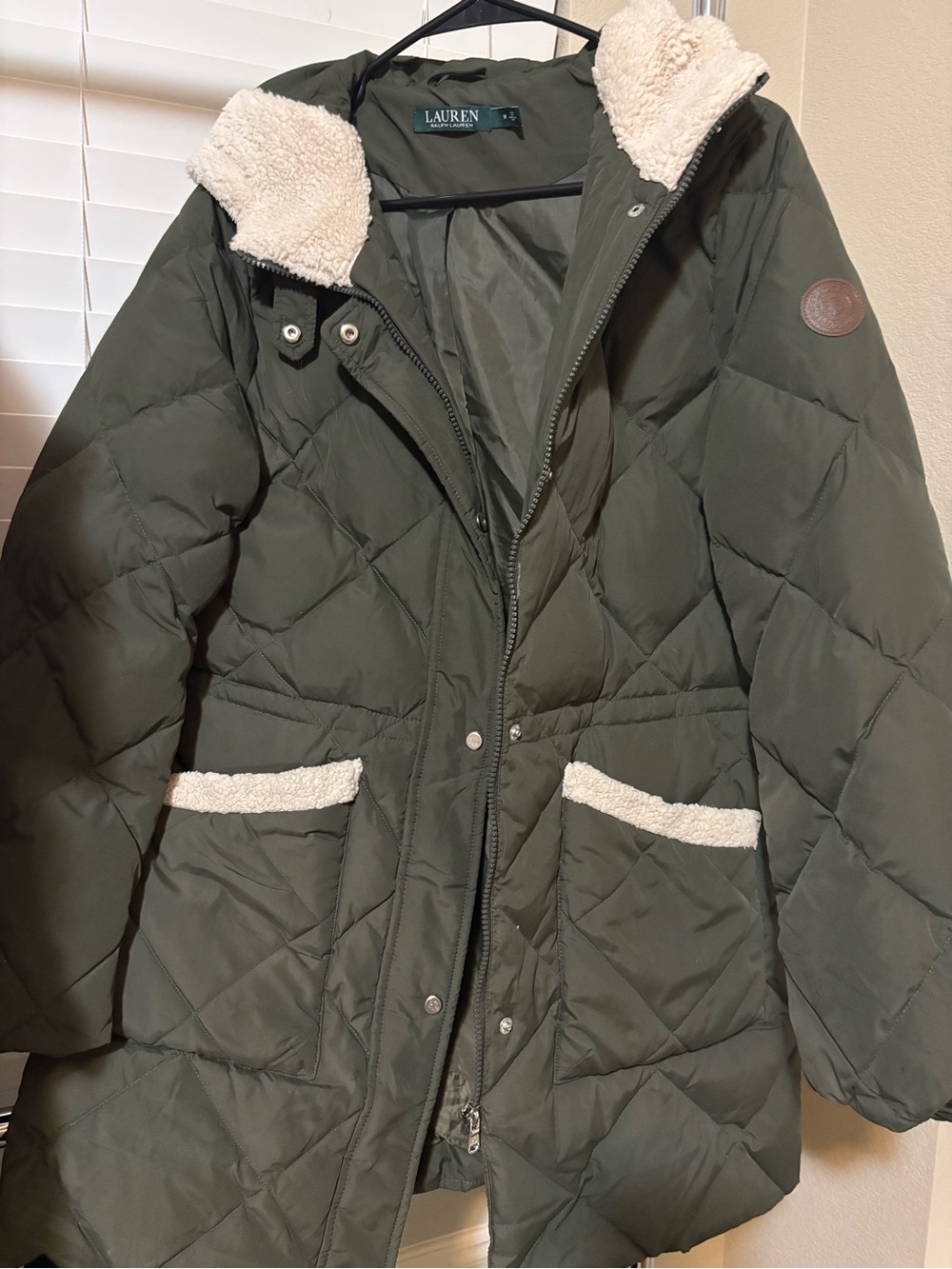 Ralph Lauren Olive Green Quilted Sherpa-Trim Puffer Coat